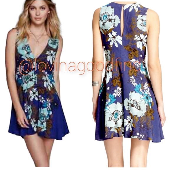 FREE PEOPLE Backyard Party Ocean Blue Tunic Dress EUC Backyard Print sz S - Picture 3 of 14